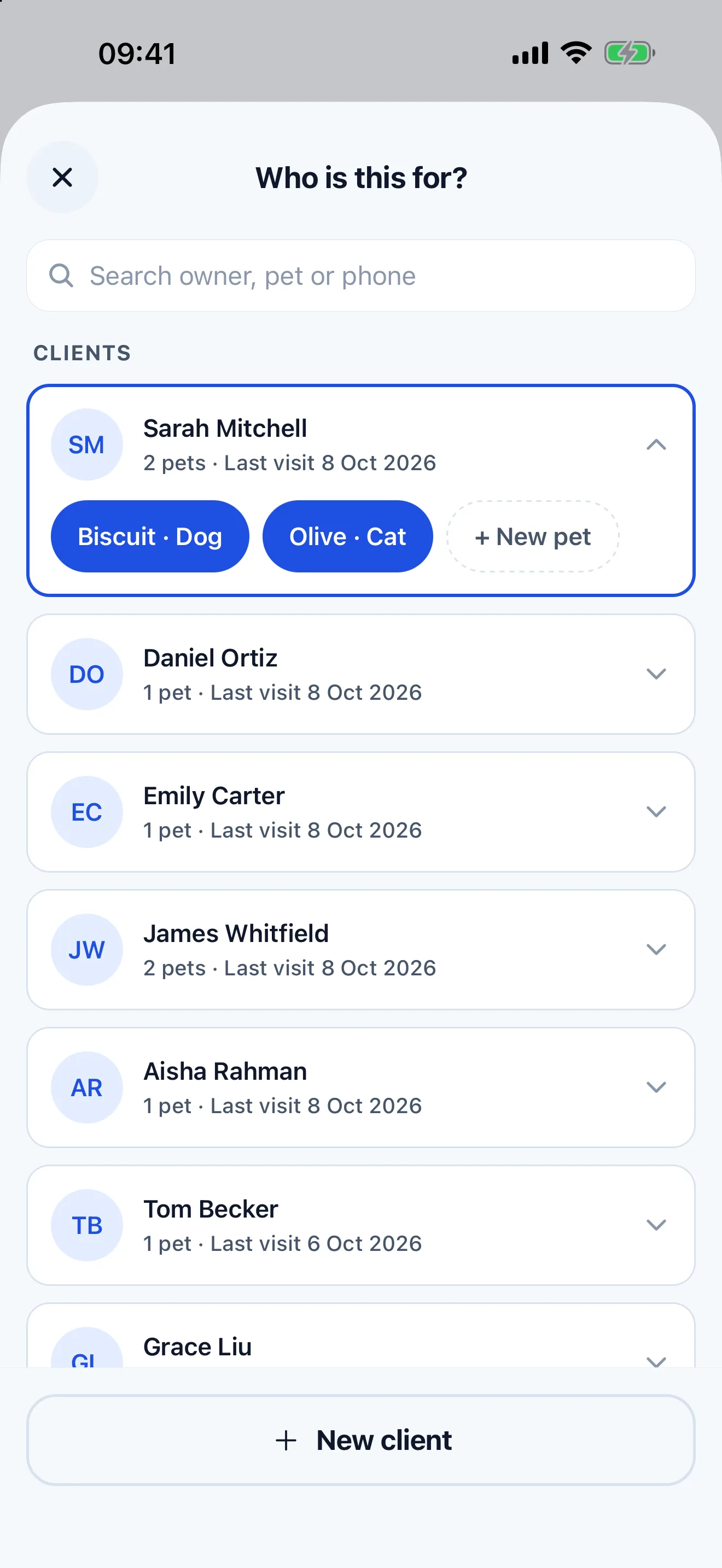The client list in PayRoamer with one client's pets shown