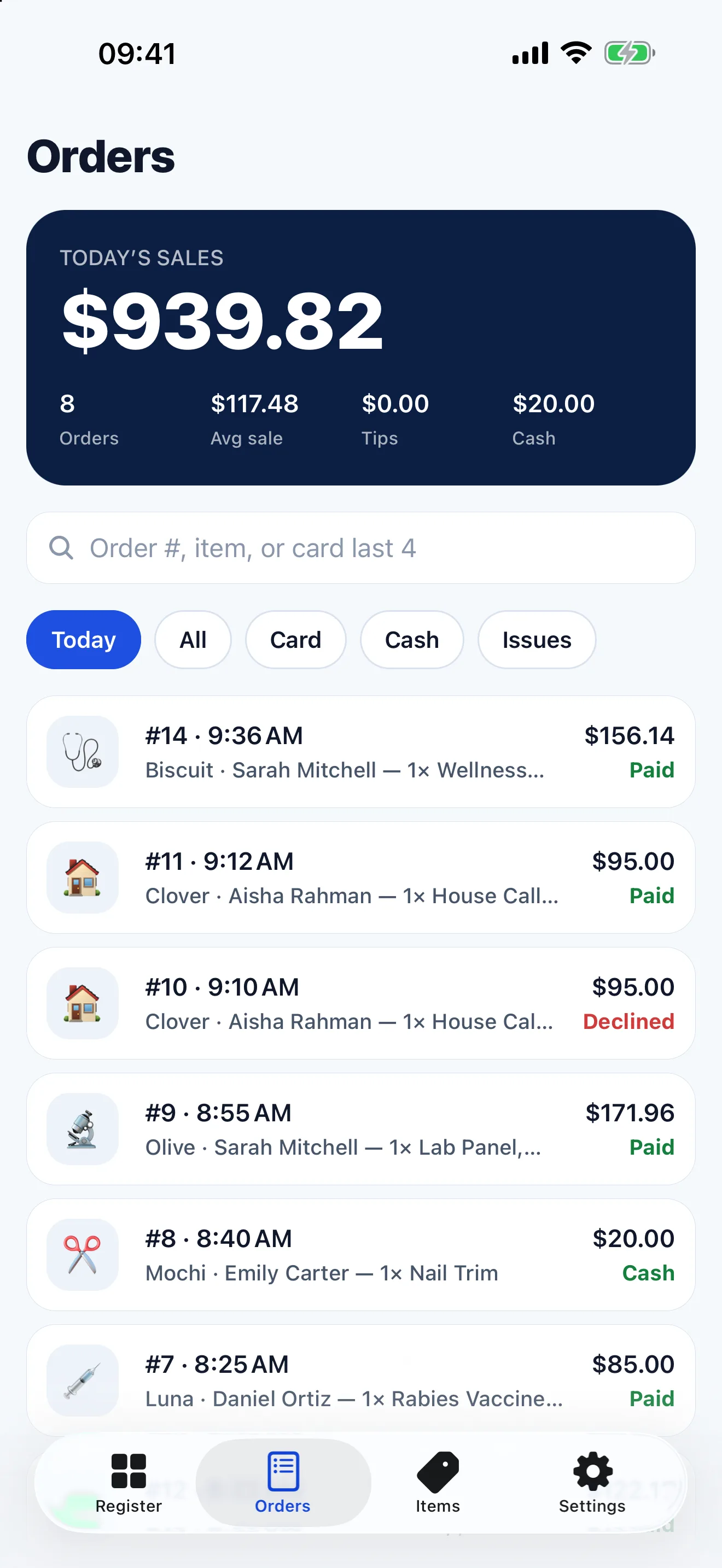 The Orders tab showing today's sales total and a list of orders