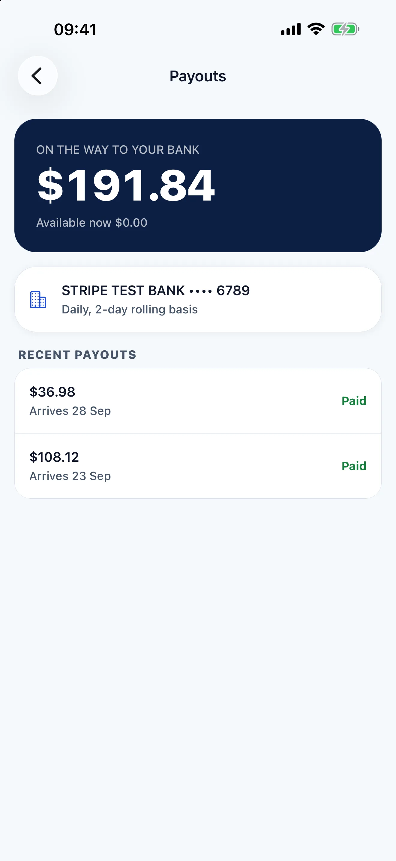 The Payouts screen showing a balance on the way to the bank and recent payouts
