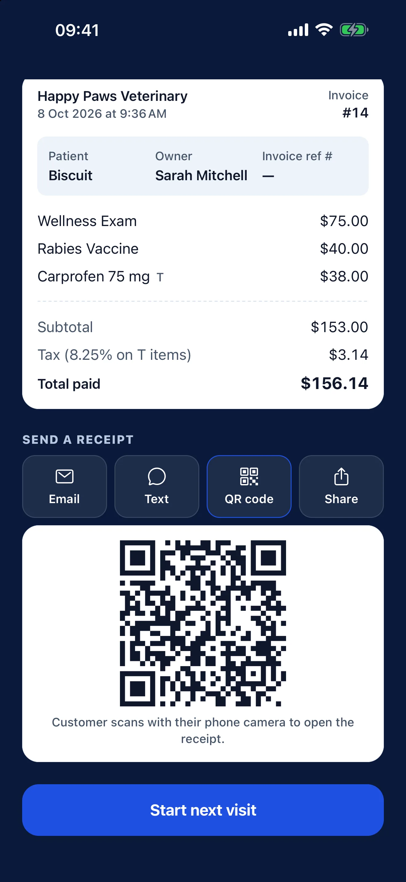 A paid invoice in PayRoamer with a QR code for the receipt
