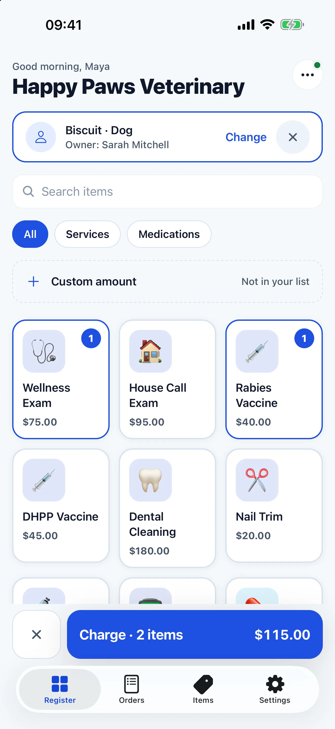 The PayRoamer register showing a grid of services with prices